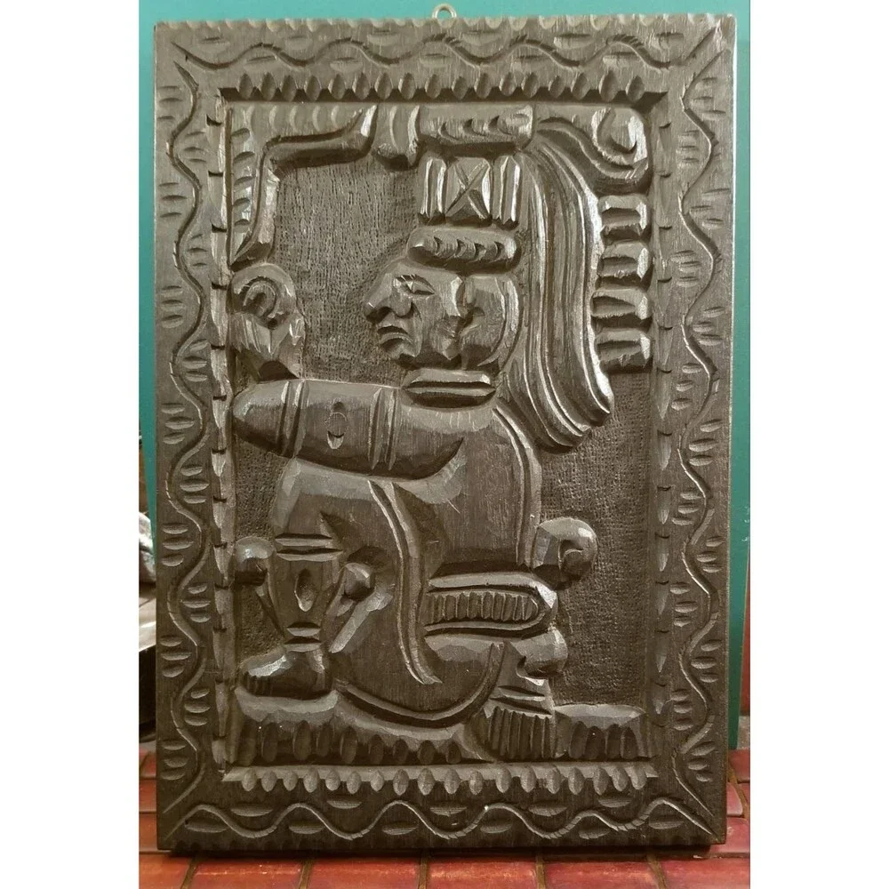 Vintage Aztec Mayan Mesoamerican God or Priest Hand Carved Wooden Figural Plaque